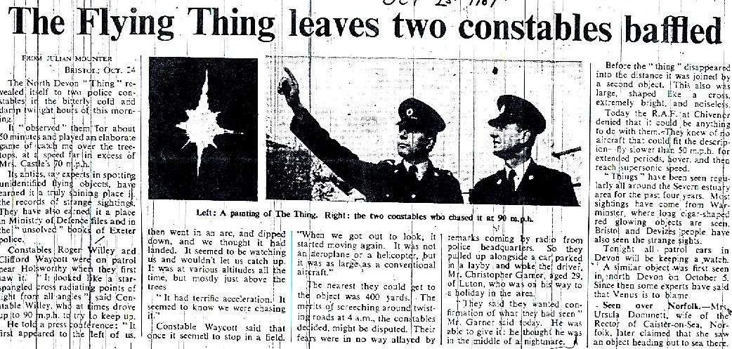 Scan of the contemporary newspaper report (The Times, Wales and Westcountry edition), datelined Bristol and filed by Julian Mounter, carrying the story of constables Roger Willey and Clifford Waycott chasing the "flying thing" in Devon on 24 October 1967. This is a real 1967 press document, not a recreation.