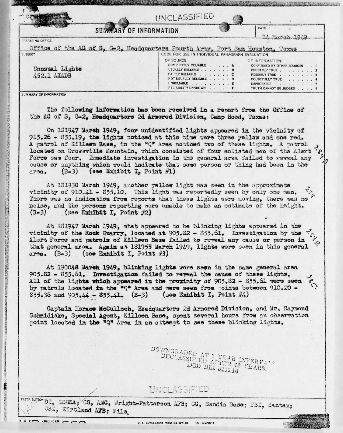 Scan of an original declassified U.S. Army intelligence memorandum, from the Office of the Assistant Chief of Staff G-2, Headquarters Fourth Army, Fort Sam Houston, dated 24 March 1949, reporting unidentified objects over the Q Area (the nuclear weapons storage area) of Killeen Base, Camp Hood, Texas. This is a real historical document, not a recreation or illustration.