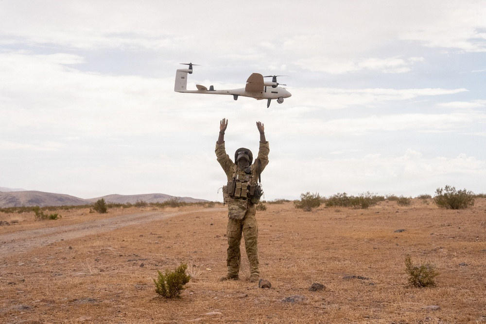 No verified imagery of the reported object exists, and this photograph shows something else. It is an official United States Army photograph taken at Fort Irwin, California on 20 July 2026, five days before the claimed sighting, showing an Australian soldier of Battlegroup ANZAC retrieving a Small Uncrewed Aircraft System during Project Convergence Capstone 6. It is included because the drone activity it records is the leading ordinary explanation for the lights in the clip, not because it depicts them.
