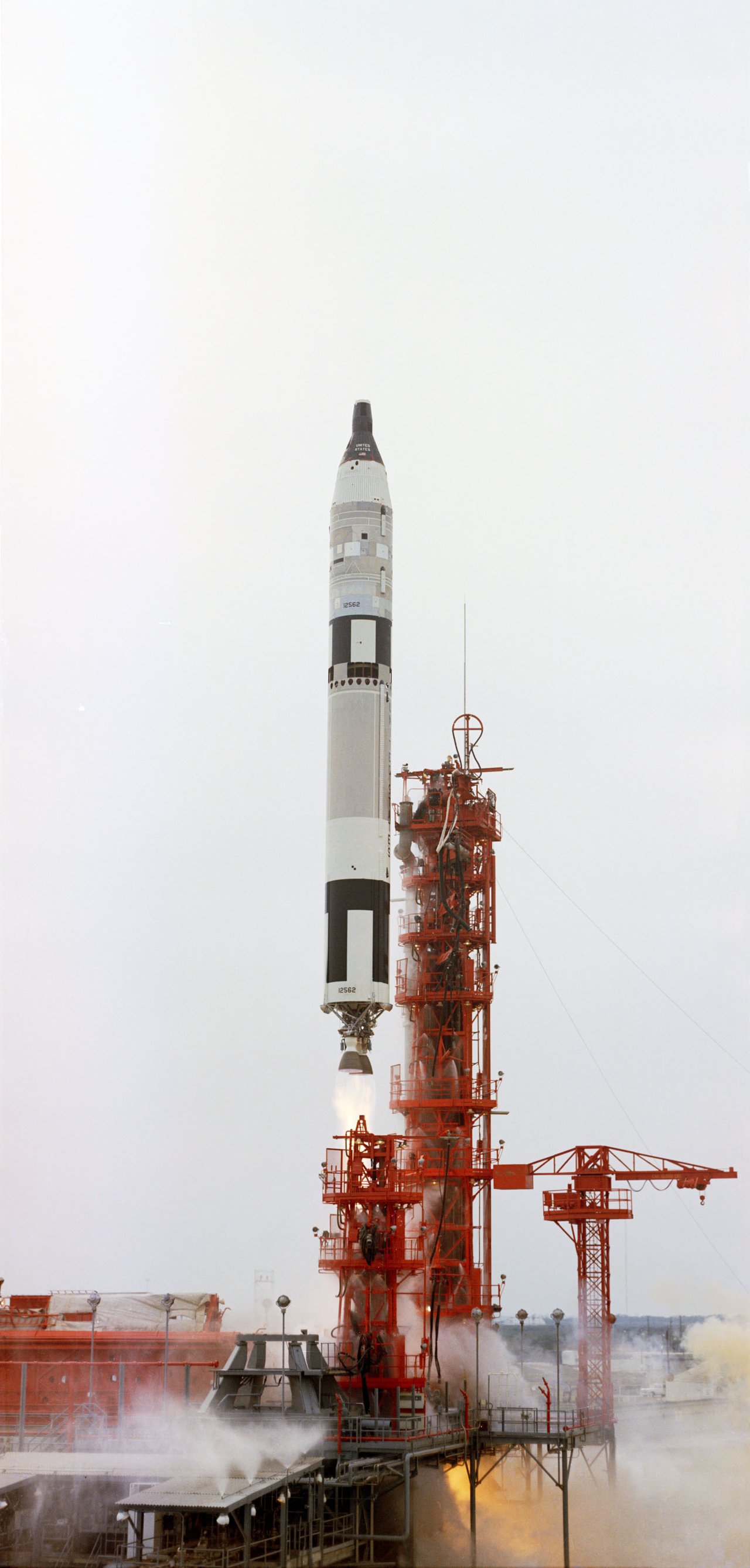 Authentic NASA photograph of the Gemini 7 launch from Pad 19 at Cape Kennedy, 4 December 1965, carrying Frank Borman and Jim Lovell atop a Titan II. This shows the actual vehicle and its Titan II booster; the spent second stage of this same launch vehicle is the object NASA later identified as the "minor bogey" the crew reported in orbit. The photo is the launch, not the on-orbit sighting itself.