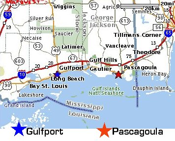 Road map of the Mississippi Gulf Coast published with the original 2002 ufocasebook.com article, marking Gulfport (blue star), the reported location of the July 1966 encounter, alongside Pascagoula (red star) to the east. This is a reference map, not an image of the reported craft; no photograph or witness sketch of the object exists.