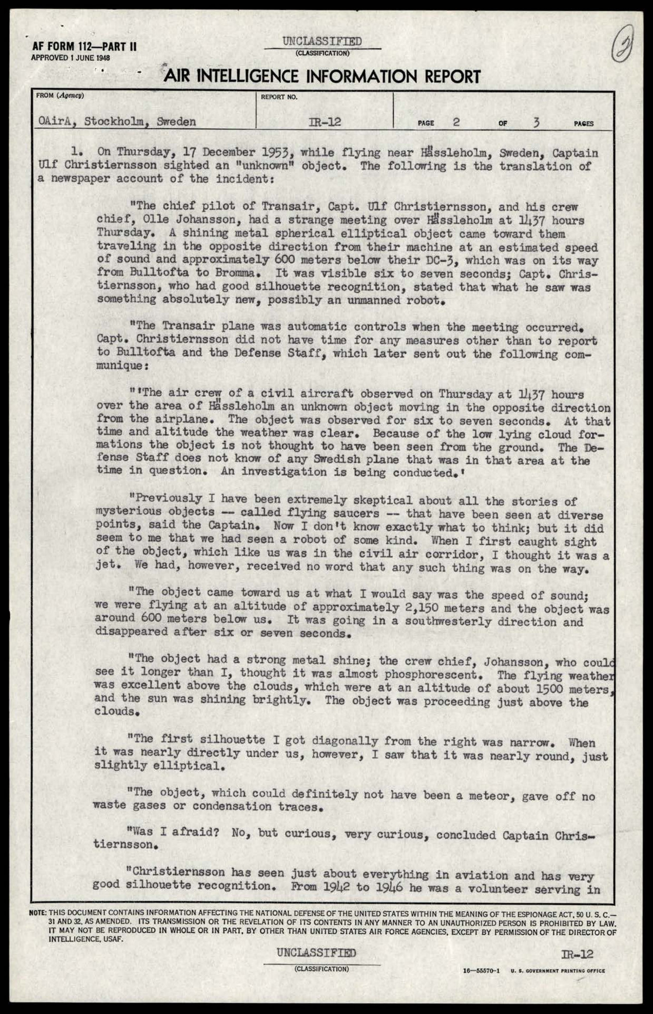Page two, carrying the translated newspaper interview with Captain Christiernsson, the Swedish Defence Staff communique and General Nordenskiold's statement that the object was not a Swedish aircraft.