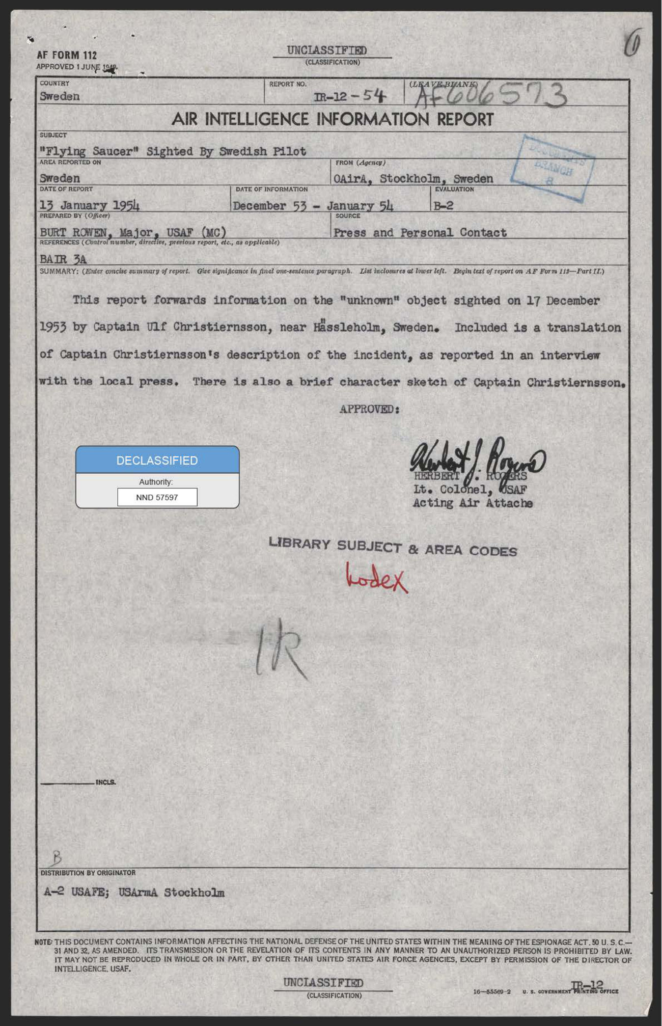 Page one of DOW-UAP-D163, the Air Intelligence Information Report filed by the US Air Attache in Stockholm on 13 January 1954. The subject line reads "Flying Saucer" Sighted By Swedish Pilot and the evaluation block carries the grade B-2.