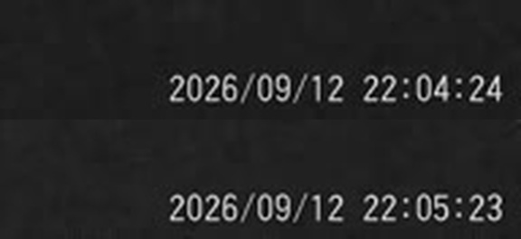 The first and last frames of the recording, cropped on the device’s burned in clock and enlarged. They read 2026/09/12 22:04:24 and 2026/09/12 22:05:23. The sequence advances one second per frame across all sixty frames with no discontinuity, so this is one continuous 60 second recording. The filing states the event happened at 9:30 PM and lasted 15 seconds.