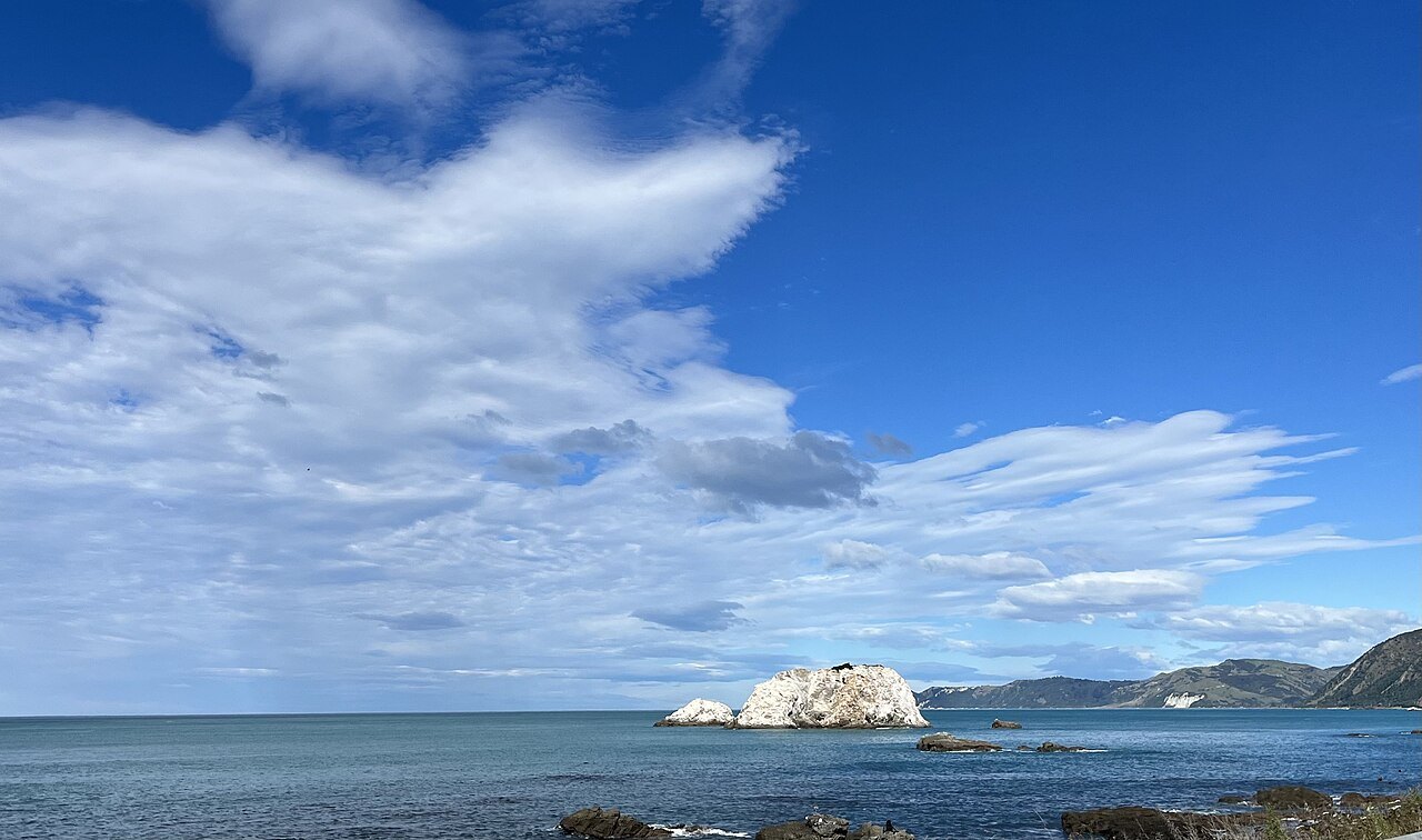 The Kaikoura coast on New Zealand South Island, over whose waters the 1978 lights were filmed from a Safe Air Argosy freight aircraft. The lights were captured on cine film, not in a single still; this is a locator of the setting.