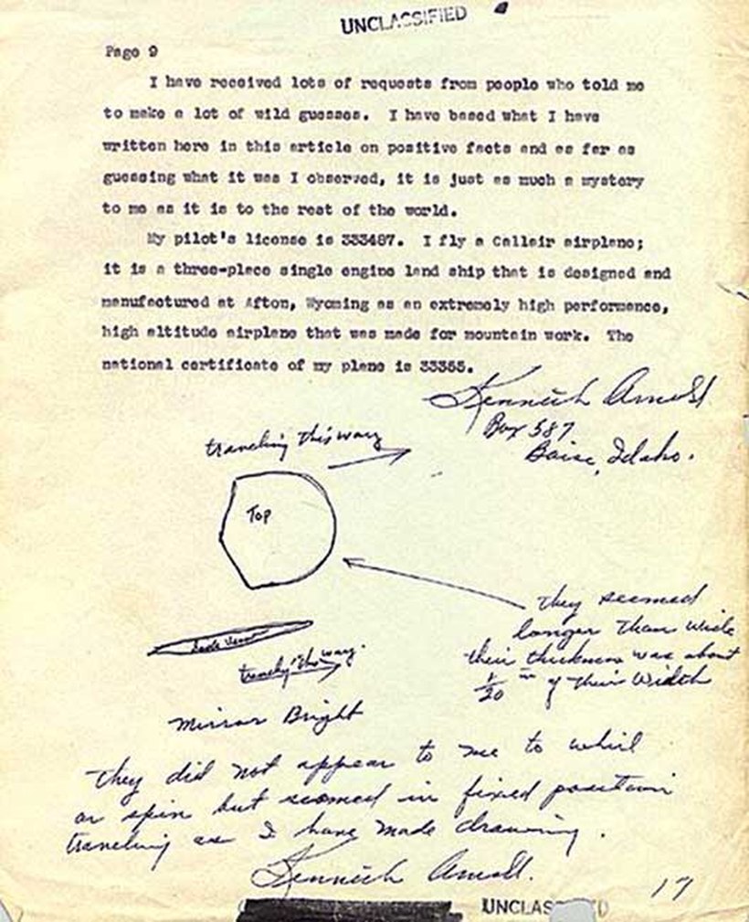 Scan of Kenneth Arnold's own July 1947 written report and sketch submitted to the Army Air Forces, showing the thin crescent shape he drew for the objects he saw near Mount Rainier on 24 June 1947. This is the primary government document, not an artist's recreation.