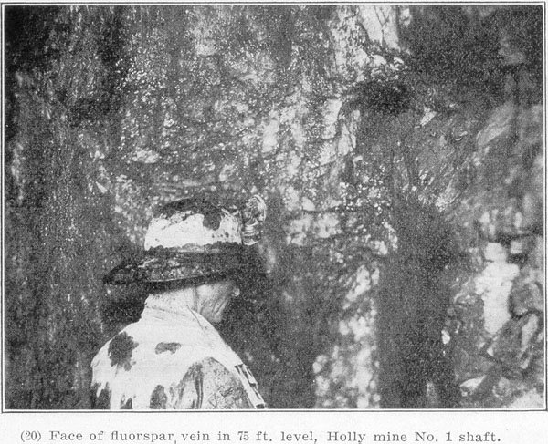 A genuine historical photograph from the Western Kentucky Fluorspar District, the working face of a fluorspar vein at the 75-foot level of the Holly Mine No. 1 shaft, with a miner standing at the rock. This is a documentary image of the exact kind of fluorite, zinc, and lead operation the witness ran near Frances, not a depiction of the reported object, for which no image exists.