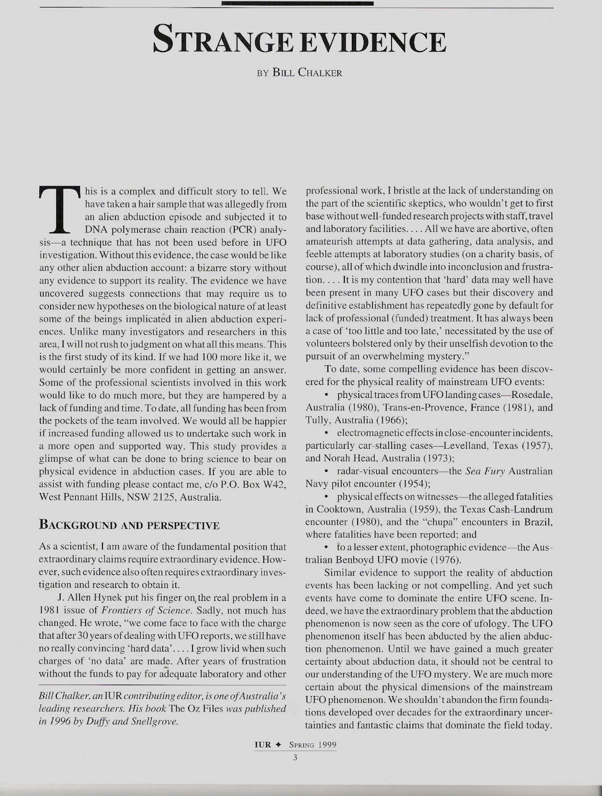 Scanned first page of "Strange Evidence", Bill Chalker's 1999 article in the International UFO Reporter reporting the world's first PCR and mitochondrial DNA analysis of the hair recovered from the 1992 Khoury encounter. This is a reproduction of the actual published journal page, not an illustration.