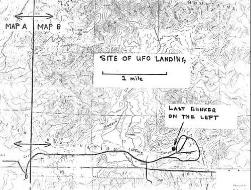 A hand-annotated United States Geological Survey topographic map of the Manzano and Coyote Canyon area at Kirtland AFB, marked "SITE OF UFO LANDING" with a one-mile scale bar and an arrow reading "LAST BUNKER ON THE LEFT" pointing to a Manzano weapons-storage bunker, with the Military Reservation boundary visible. This is a researcher-produced location diagram drawn over a standard topo sheet to illustrate the 1980 Coyote Canyon landing site, not an official AFOSI exhibit. It is a real hand-drawn document, not a CGI render or illustration of the object itself.