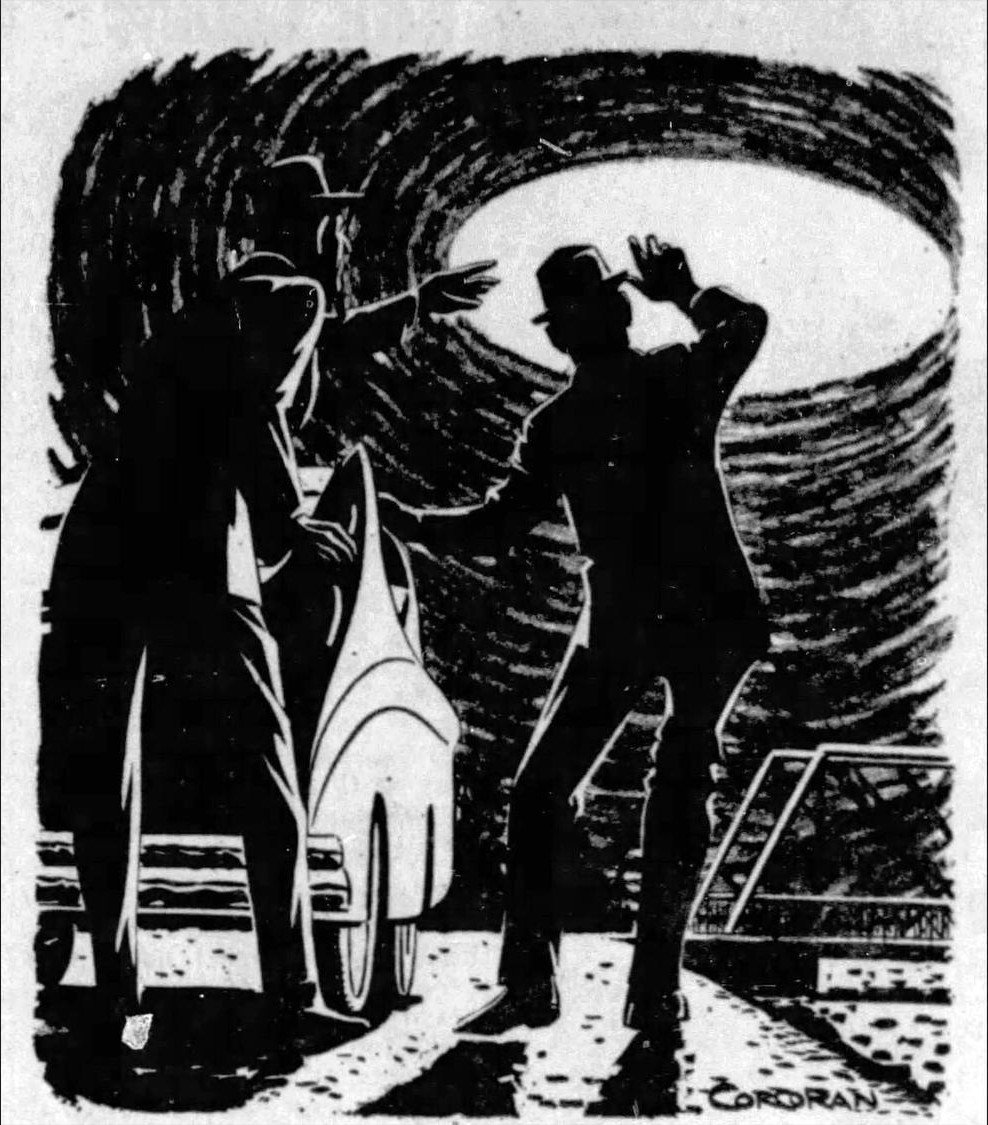 A 1958 Baltimore Sun illustration of the Loch Raven Dam encounter, showing the two witnesses shielding their eyes from a glowing object hovering over the bridge above their stalled car. This is a period newspaper depiction, not a photograph; no camera image of the object exists.