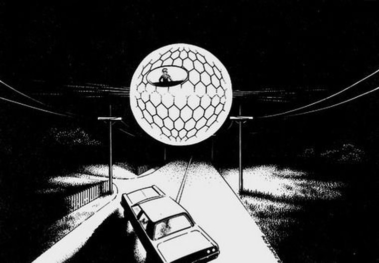 A 1974 APRO Bulletin illustration, prepared by the organization staff artist working with the witness, of the hexagon-covered globe and its occupant hovering over Lyndia Morel car on Highway 114. It is a period investigation drawing, not a photograph.