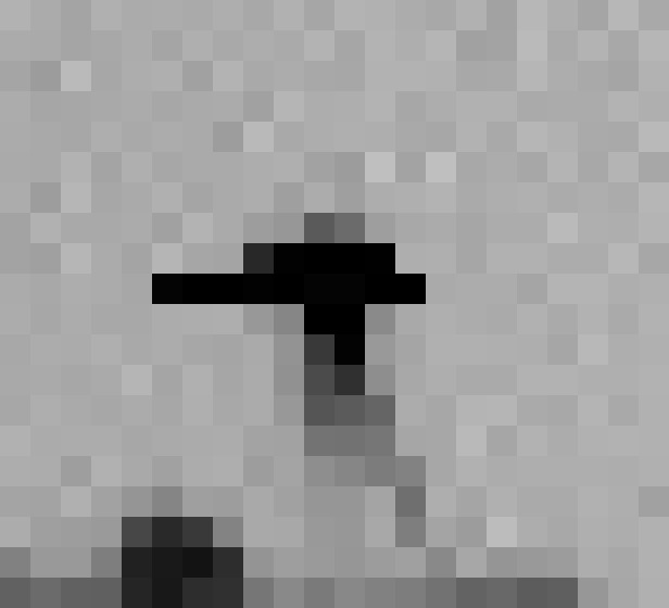 The anomaly magnified to individual pixels from Curiosity right Navcam frame NRB_745839057EDR, sol 3924. Nine pixels sit at exactly zero, arranged as two short horizontal runs with a fading grey stalk below. Roughly 190 other pixels in this frame also clip to zero, but almost all sit in the shadowed terrain and are present in the flanking frames; this cluster is not.