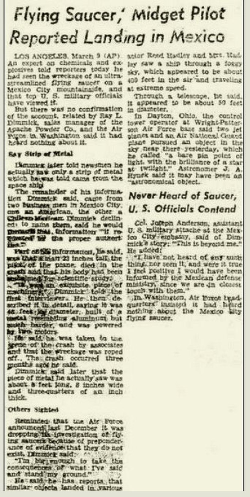Scan of the original newspaper article reporting the claim, headlined "Flying Saucer, Midget Pilot Reported Landing in Mexico," as carried by the Washington Times-Herald on 10 March 1950 from an Associated Press dispatch dated Los Angeles, March 9. This is the contemporary press clipping, not a photograph of any craft or body; no such photograph was ever produced.