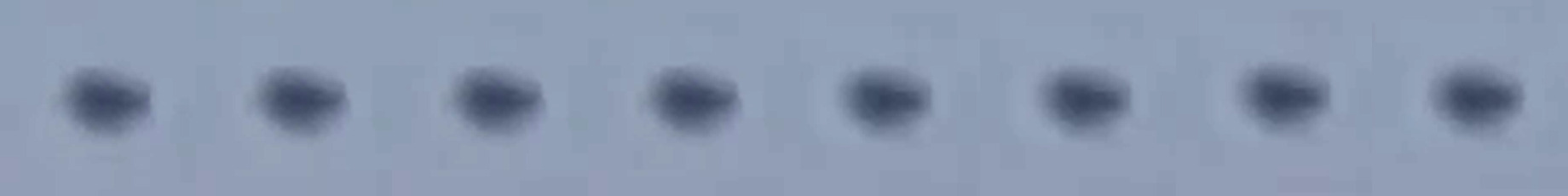 Eight consecutive samples of the object taken about a twentieth of a second apart, each centred on the object rather than on a fixed point, enlarged and contrast raised. Across the full run of 20 such samples the silhouette area holds at 267 pixels with a standard deviation of 6.7, a variation of 2.5 per cent, and width and height each vary by less than one pixel. A bird at this image scale would change shape visibly through wingbeat within this interval. This outline does not, which is why the case treats the object as a rigid body.