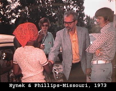 A real photograph from the July 1973 on site investigation of the Richards family landing trace near Columbia, Missouri, associated with witness James Richards and investigators J. Allen Hynek and Ted Phillips. It is a genuine period investigation photo, not a render or recreation.