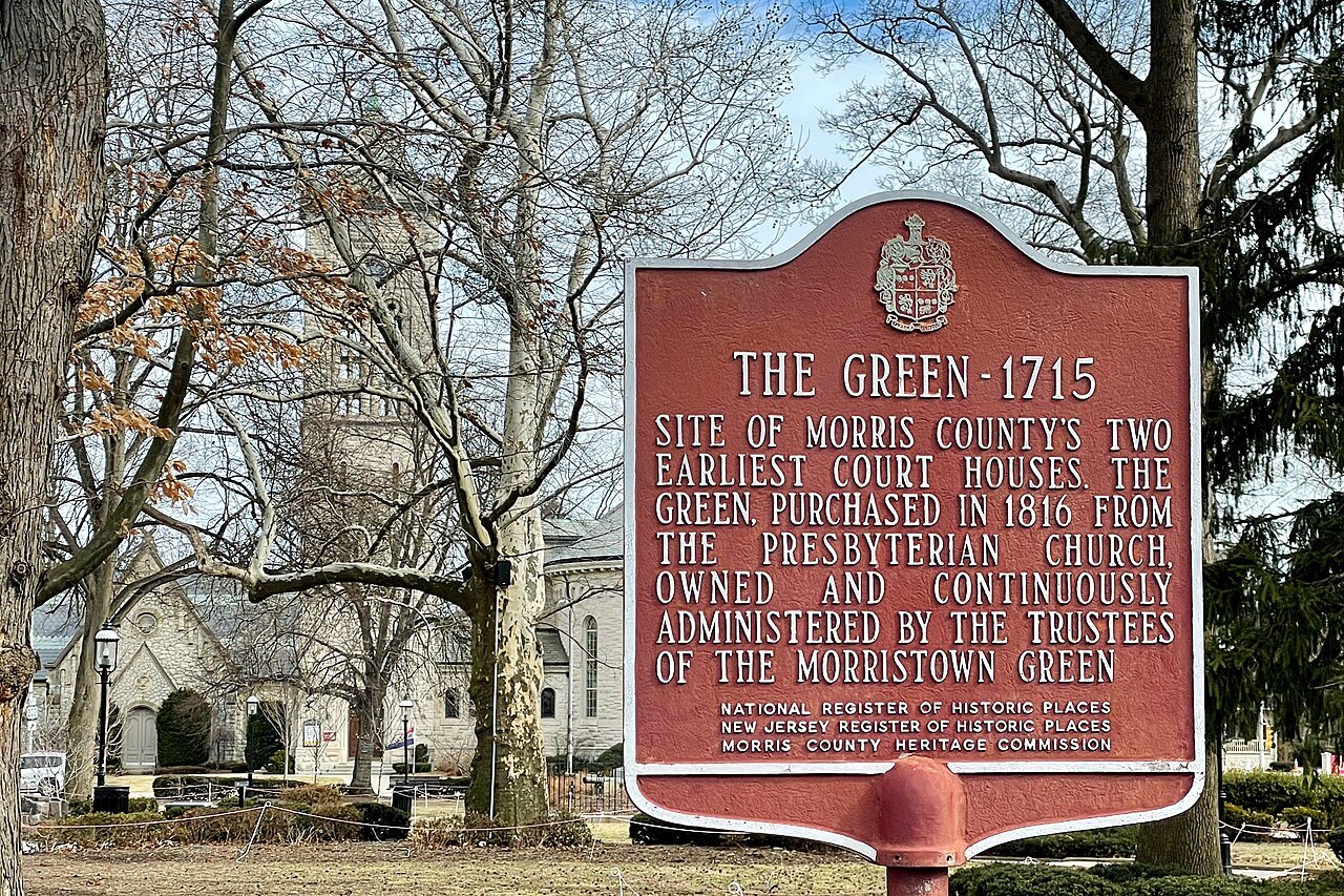 The Morristown Green in Morris County, New Jersey, the town over which airport columnist John Janssen reported a formation of discs during the July 1947 flying-saucer wave. No photograph of the objects exists, so this is a locator of the town.