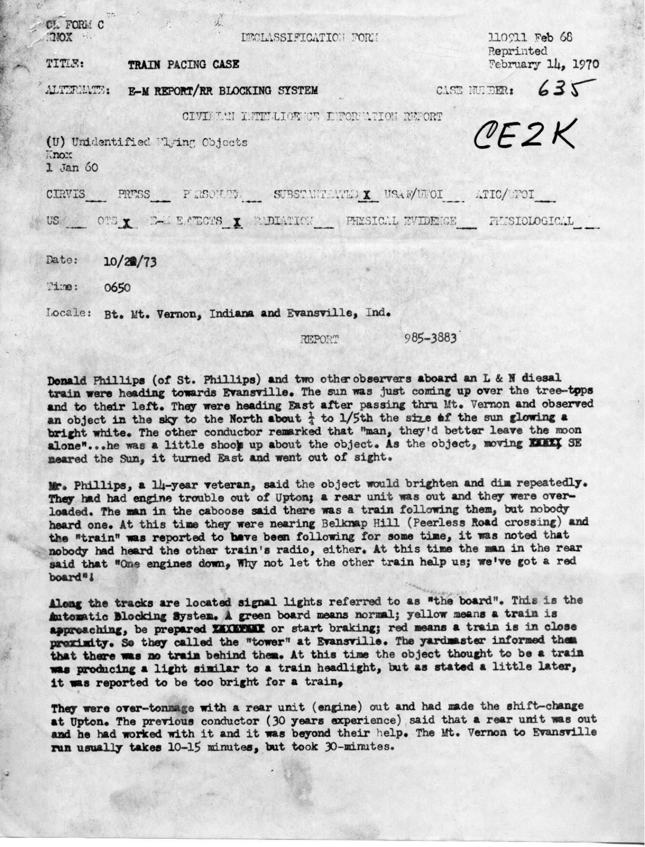 Scan of the contemporaneous CR Form C preliminary UFO report filed by Francis Ridge's UFO Filter Center for the 20 October 1973 Mt. Vernon train case. This is a primary investigation document, not a photograph of the object; no camera image of the light exists, since the only observers were the train crew.