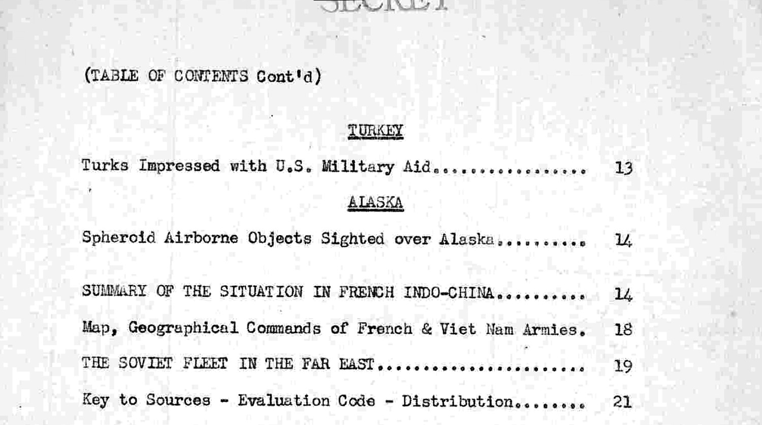 The continuation page of the document's table of contents. Between an entry on Turkey and a summary of the situation in French Indo-China sits the line that qualified this theater intelligence estimate for the Unidentified Anomalous Phenomena Records Collection: Spheroid Airborne Objects Sighted over Alaska, page 14. This is what inclusion by single mention looks like in practice.