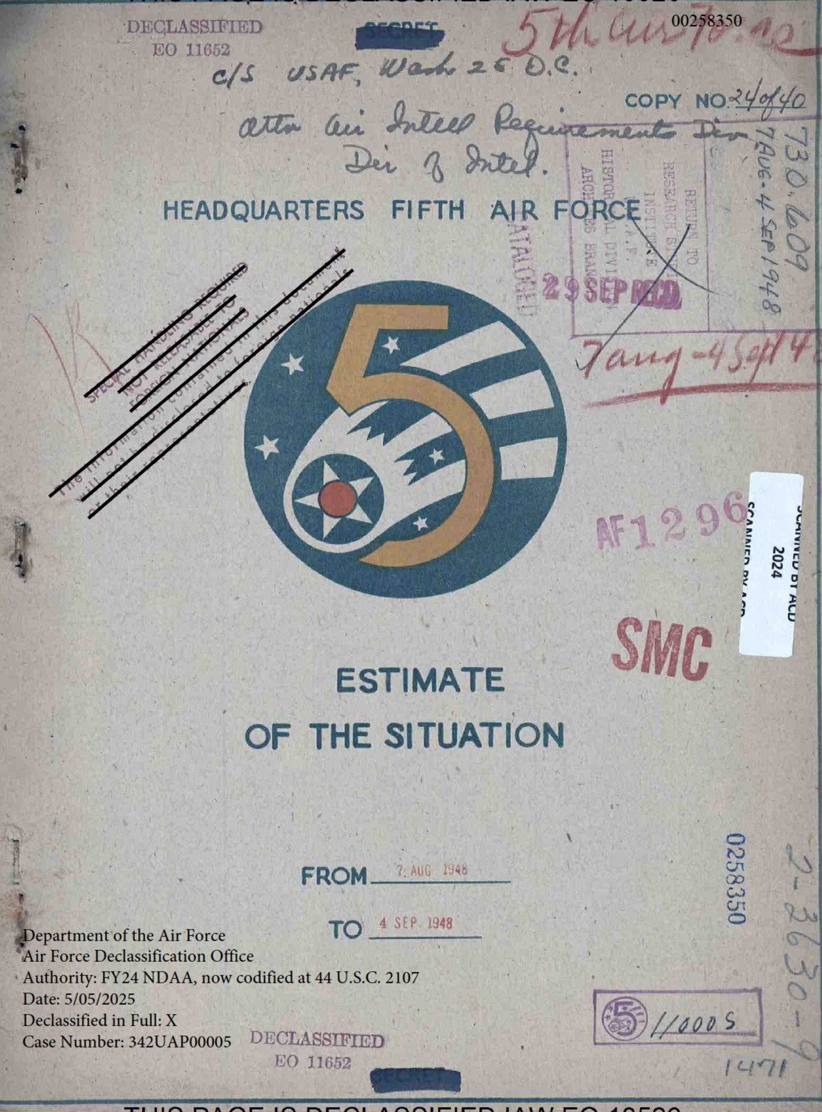 The cover of Headquarters Fifth Air Force, Estimate of the Situation, covering 7 August to 4 September 1948, one of the thirty items in the series. The declassification block at lower left reads Department of the Air Force, Air Force Declassification Office, Authority: FY24 NDAA, now codified at 44 U.S.C. 2107, Date 5/05/2025, Declassified in Full, Case Number 342UAP00005. Despite the title, this is a Far East theater intelligence estimate and not the disputed 1948 Air Technical Intelligence Center document of the same name.