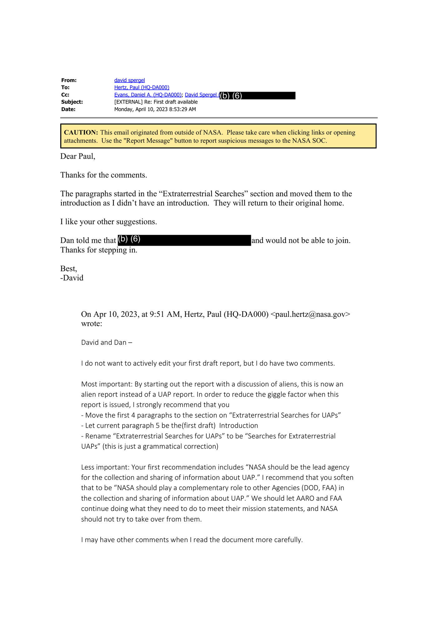 Page one of NASA FOIA release 26-00029-F-HQ. NASA senior advisor Paul Hertz writes to David Spergel and Daniel Evans on 10 April 2023 that opening the draft UAP report with a discussion of aliens makes it "an alien report instead of a UAP report", and recommends moving those paragraphs "in order to reduce the giggle factor when this report is issued".
