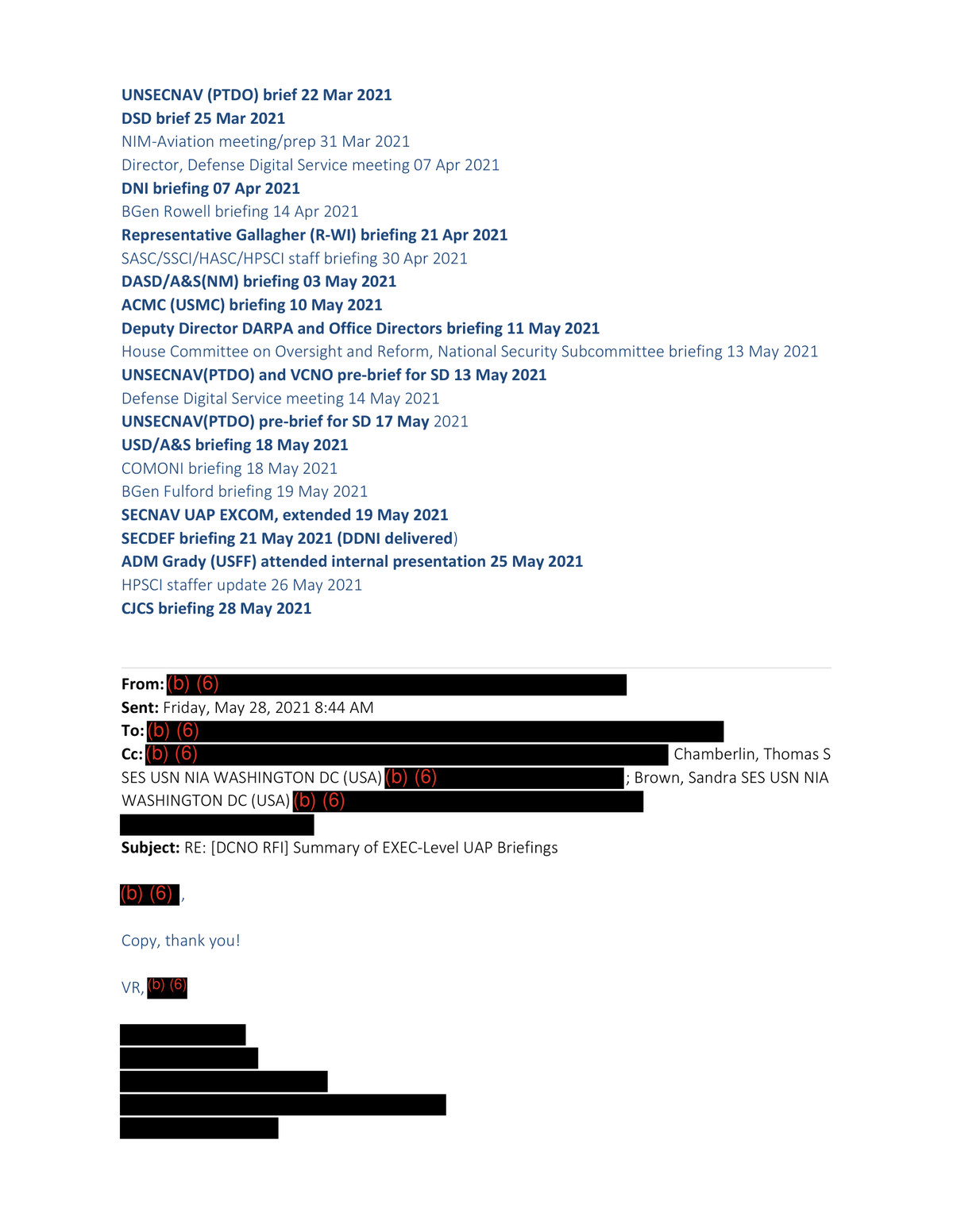 The second page of the executive level briefing roster compiled for the Deputy Chief of Naval Operations and sent to Scott Bray on 31 May 2021. It runs from a 22 March 2021 Under Secretary of the Navy brief to a Chairman of the Joint Chiefs of Staff briefing on 28 May 2021, and includes the Deputy Director of DARPA on 11 May and the Defense Digital Service on 14 May. The red and black blocks are exemption (b)(6) personal privacy redactions.