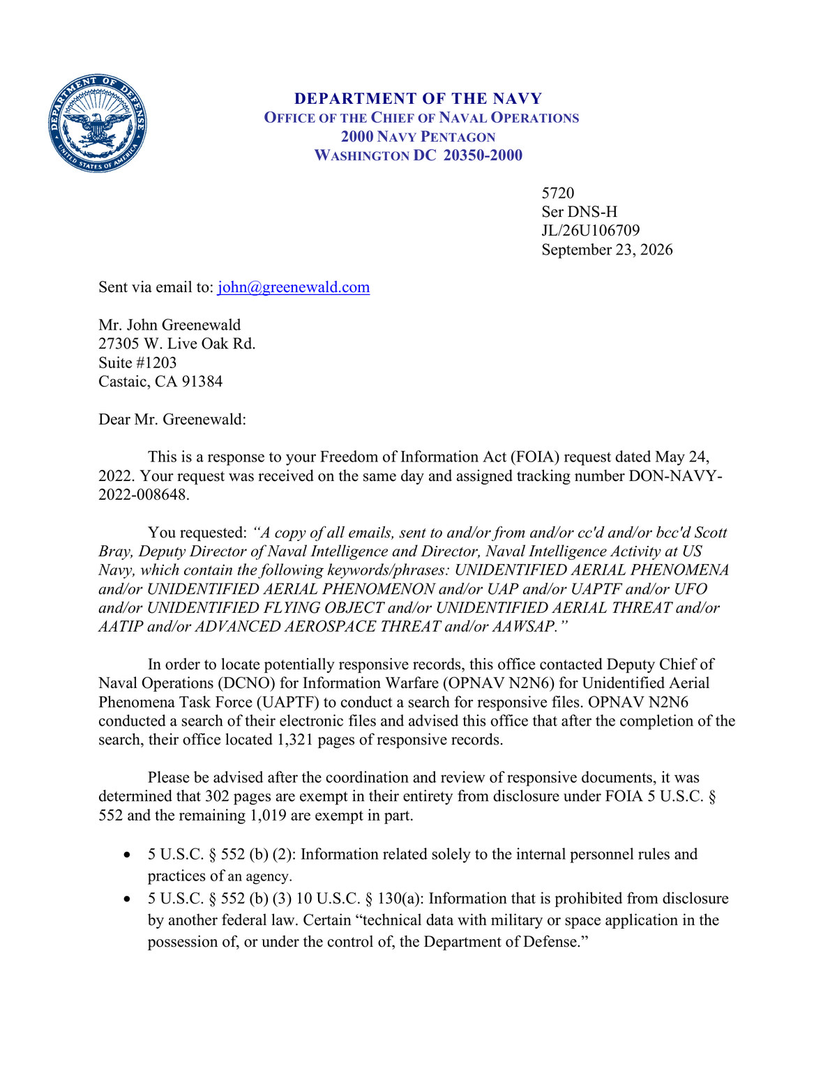 Page one of the Department of the Navy's determination letter, dated 23 September 2026 and issued by the Office of the Chief of Naval Operations under serial Ser DNS-H, JL/26U106709. It answers a Freedom of Information Act request received on 24 May 2022, assigns it tracking number DON-NAVY-2022-008648, quotes the requester's keyword list in full, and states that the search located 1,321 pages of responsive records of which 302 are exempt in their entirety.