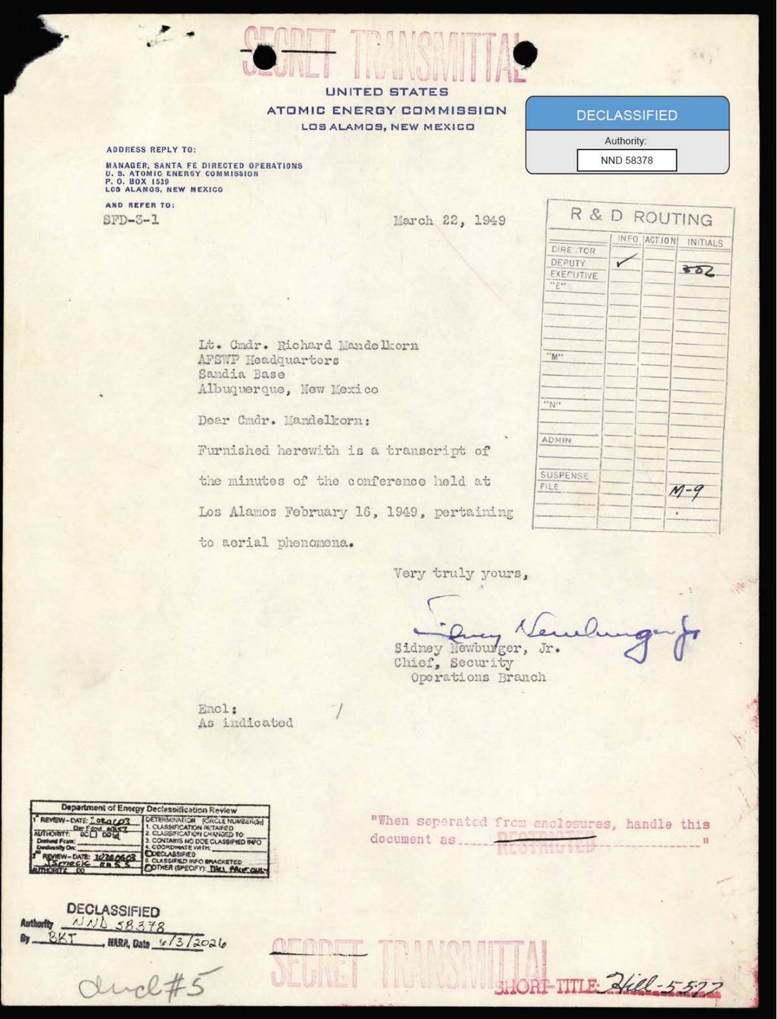 The declassified Atomic Energy Commission SECRET cover letter of 22 March 1949 transmitting the transcript of the Los Alamos Conference on Aerial Phenomena held 16 February 1949, released in July 2026 as file DOE-UAP-D004.