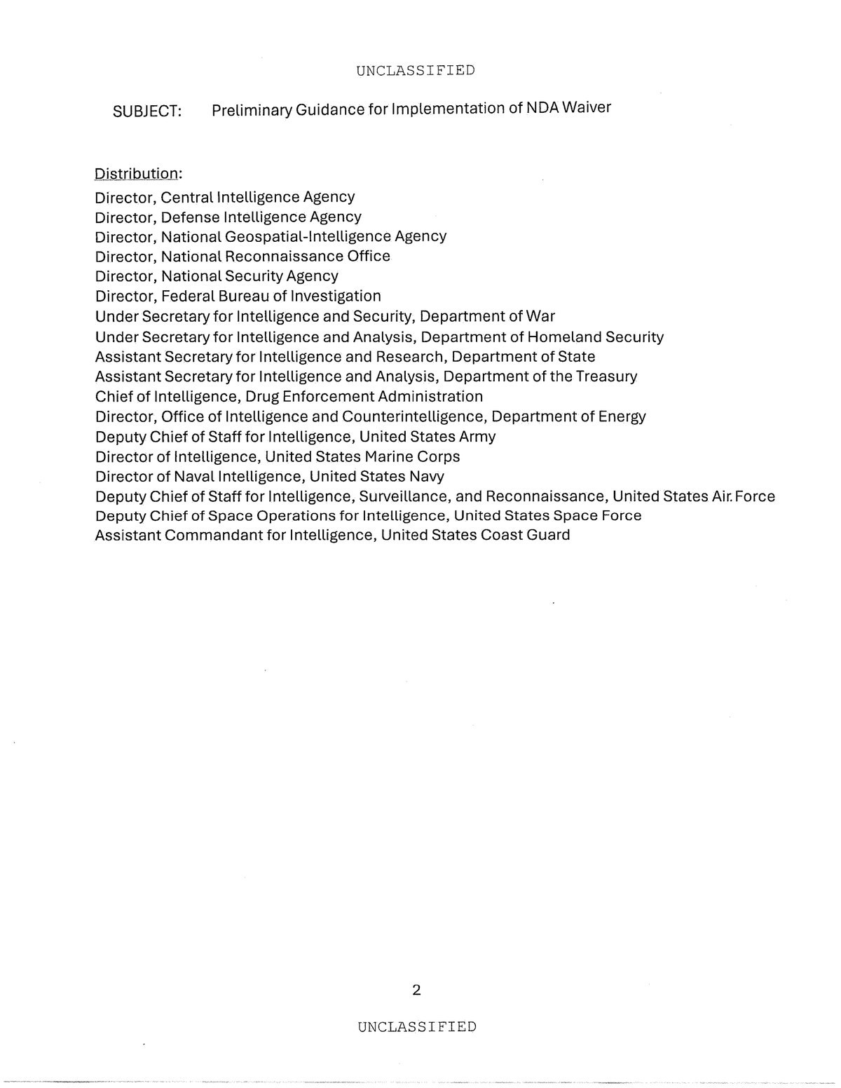 Page two of ES 2026-00818: the distribution list. Eighteen offices are addressed, from the Directors of CIA, DIA, NGA, NRO, NSA and the FBI through to the Chief of Intelligence at the Drug Enforcement Administration, the Department of Energy Office of Intelligence and Counterintelligence, and the Assistant Commandant for Intelligence of the Coast Guard.