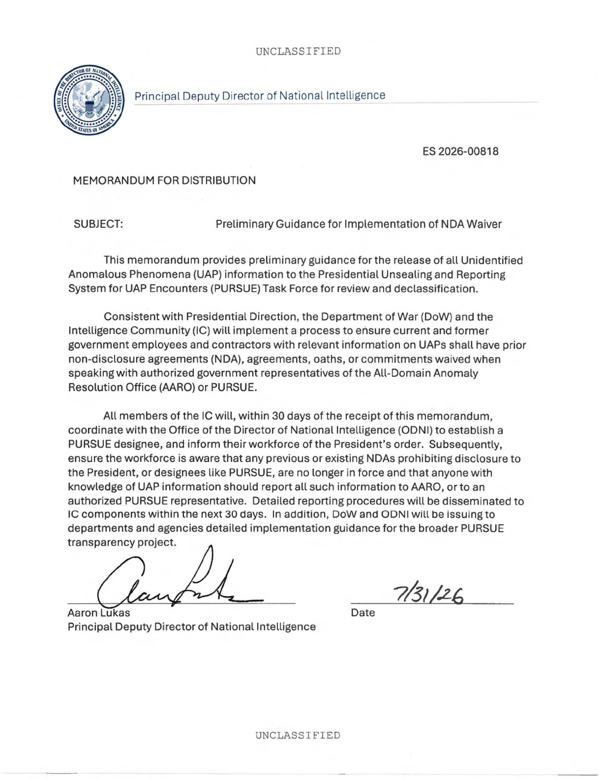 Page one of ODNI memorandum ES 2026-00818, "Preliminary Guidance for Implementation of NDA Waiver," signed by Principal Deputy Director of National Intelligence Aaron Lukas and dated 7/31/26. Released in full by the office of Rep. Eric Burlison on 1 August 2026. The document is a two page unclassified memorandum; there is no imagery of any phenomenon associated with this case.