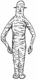Contemporary line-drawing sketch of the Pascagoula creature as described by Charles Hickson and Calvin Parker: about five feet tall, neckless, with deeply wrinkled grayish skin, claw-like hands, and three pointed projections where a nose and ears would be. This is a witness-derived drawing, not a photograph of the being.