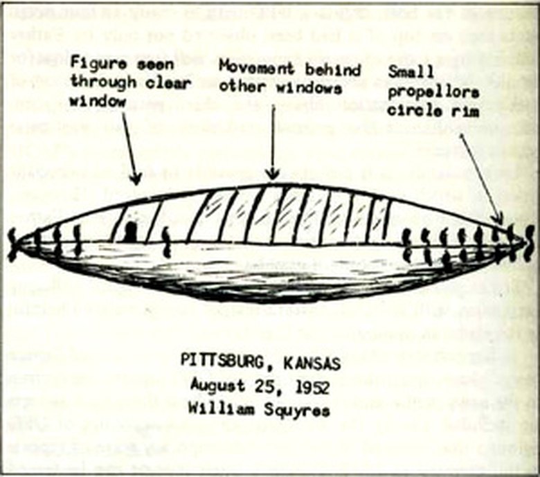 A witness sketch of the object William Squyres reported hovering over a field near Pittsburg, Kansas in August 1952, with figures visible through a row of lit windows and small propellers around the rim.