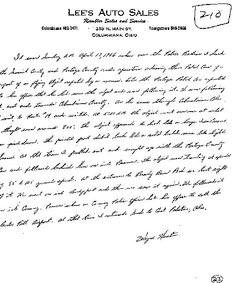 A scanned page of the signed witness statements from the Project Blue Book case file for the 17 April 1966 Portage County chase. This is an official 1966 document, not a photograph of the object itself; the only contemporary photo, Mantua chief Gerald Buchert's, came out as an indistinct white smear.