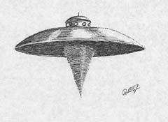 Line drawing of the Princeton, Indiana craft: a classic disc topped by a straight-sided "conning tower" cupola ringed with lights and a dark cone projecting beneath. This is a reconstruction drawing by NICAP staff artist Robert Taylor based on the witness's account and sketch, not a photograph of the object.