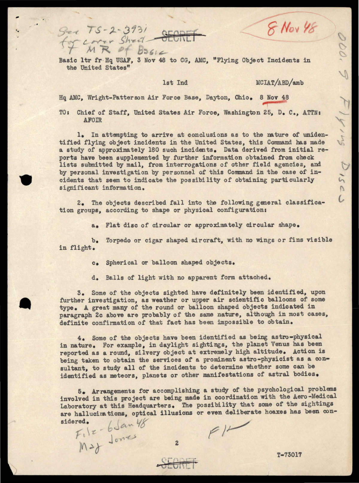 Page one of the Air Materiel Command first indorsement of 8 November 1948, released as part of DOW-UAP-D100 in PURSUE Release 05 on 7 August 2026. It records a study of approximately 180 incidents and sorts the reported objects into four shape groups. The SECRET stamps are struck through by the declassification review.