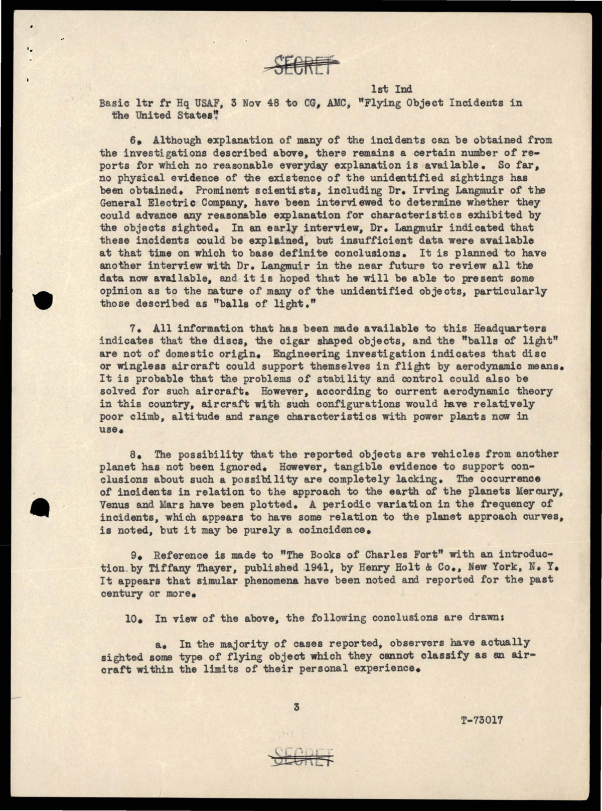 Page two of the same indorsement. Paragraph 7 states that the discs, cigar shaped objects and balls of light "are not of domestic origin", and paragraph 8 records that the possibility of vehicles from another planet "has not been ignored" while tangible evidence for it was "completely lacking".