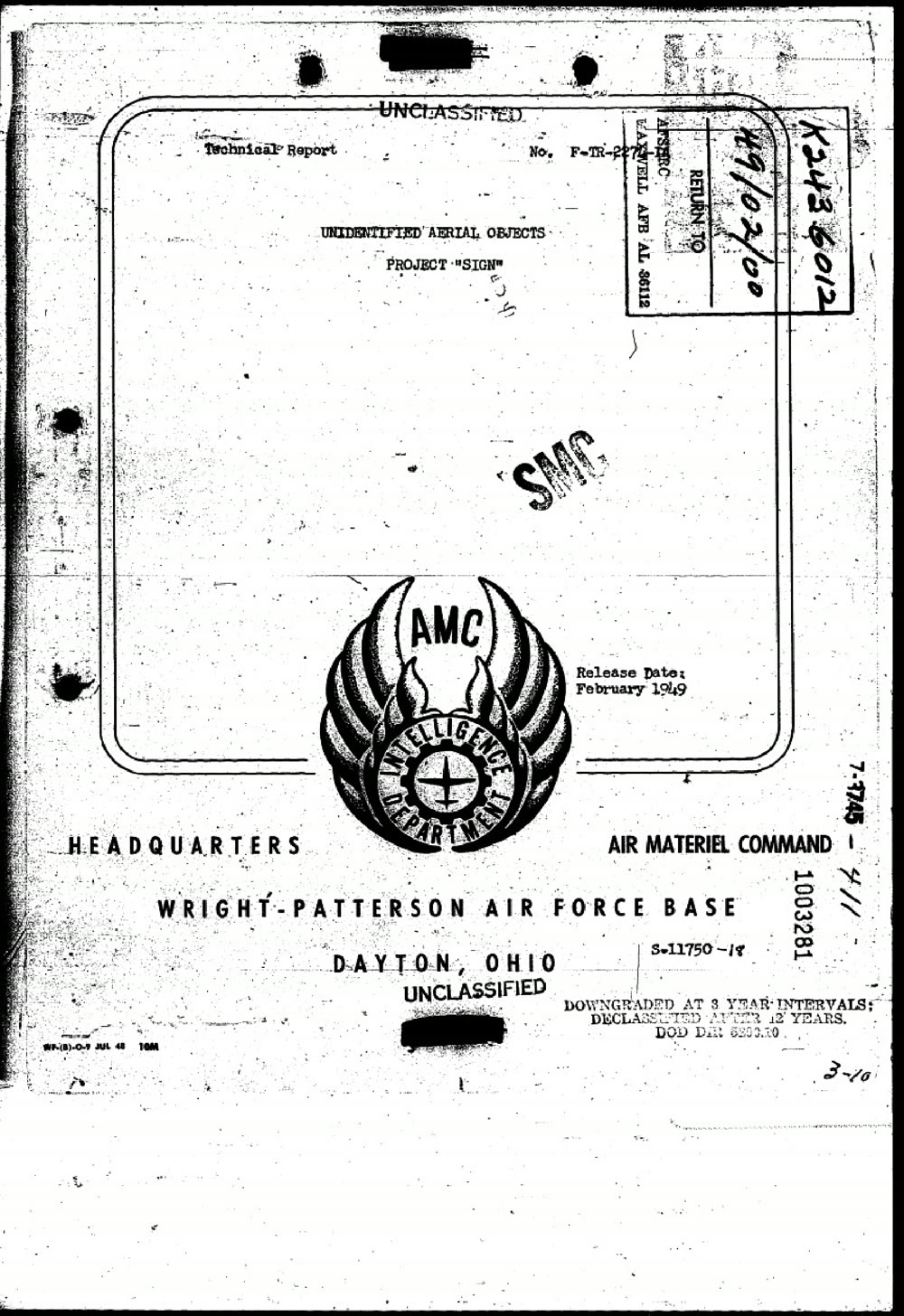 The cover of Technical Report F-TR-2274-IA, "Unidentified Aerial Objects, Project Sign," released by Air Materiel Command Intelligence Department at Wright-Patterson Air Force Base, February 1949.