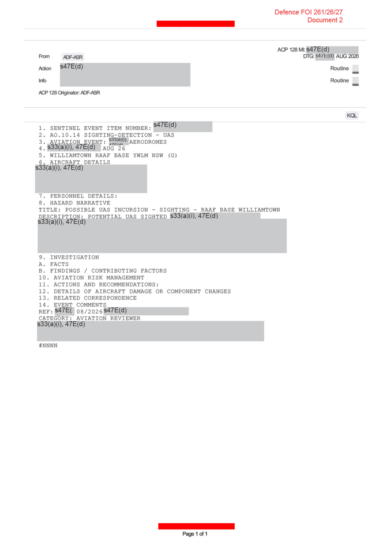 Document 2, the ADF Aviation Safety Report, in ACP 128 message format. Occurrence category AO.10.14 SIGHTING-DETECTION - UAS, location WILLIAMTOWN RAAF BASE YWLM NSW. The hazard narrative title and description survive; the investigation, findings, risk management and recommendations headings at sections 9 through 13 carry no content on the released page.