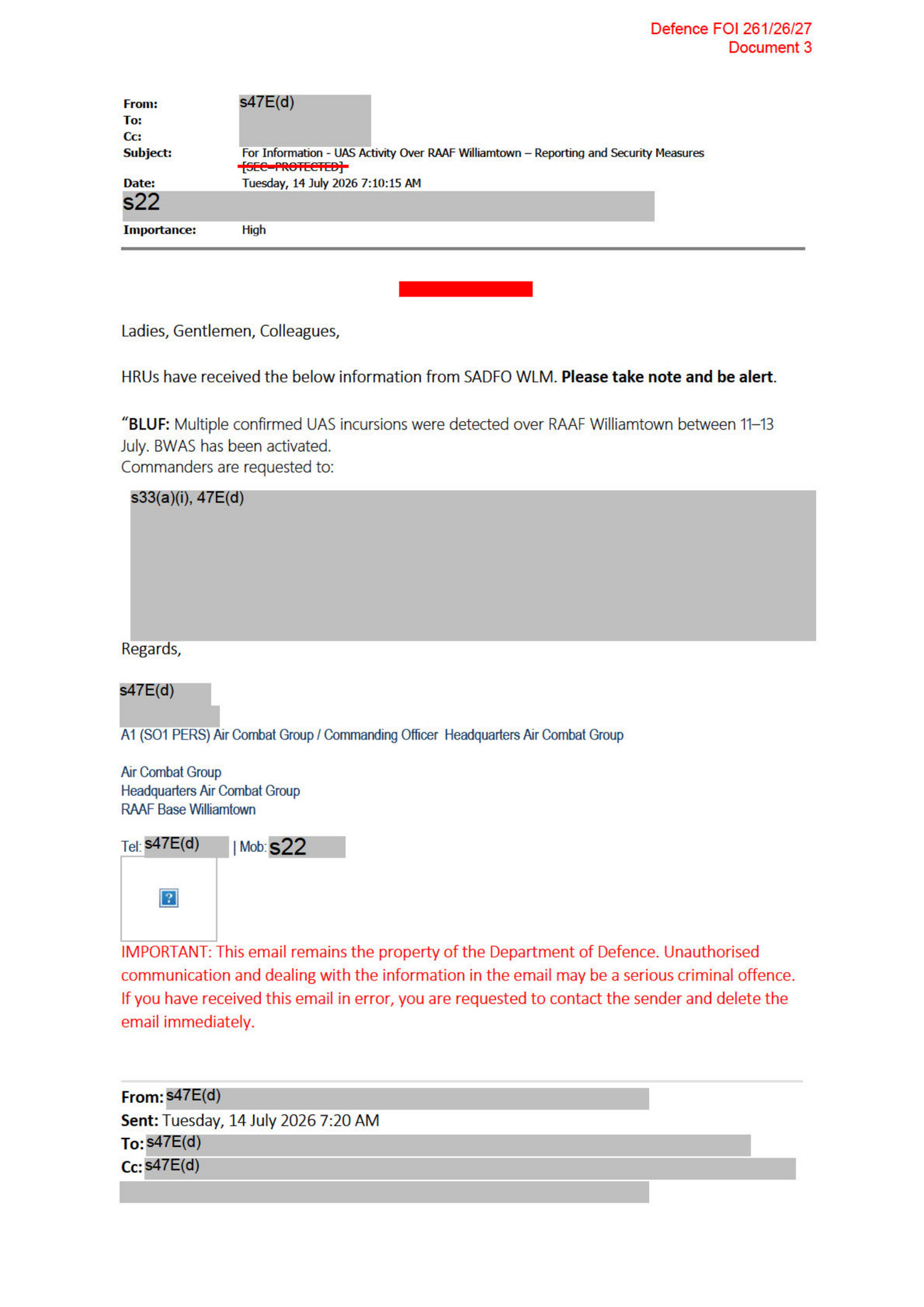 Document 3 of Defence FOI 0261/26/27, released in part. The subject line, the 14 July 2026 timestamp and the bottom line up front paragraph survive; the list beginning "Commanders are requested to:" is withheld in full under sections 33(a)(i) and 47E(d) of the Freedom of Information Act 1982. The struck through classification marking is the dissemination limiting marker, cancelled on release.