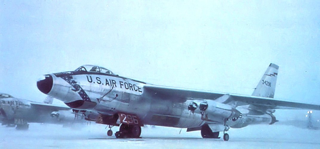A real U.S. Air Force photograph of a Boeing RB-47H-1-BW Stratojet (serial 53-4296) of the 55th Strategic Reconnaissance Wing, the same electronic reconnaissance type and wing involved in the 17 July 1957 incident. This is not a photo of the incident aircraft in the act; it is an authentic period photograph of an RB-47H from the unit, shown here at Eielson AFB, Alaska. This airframe later went to the USAF Armament Museum at Eglin AFB.