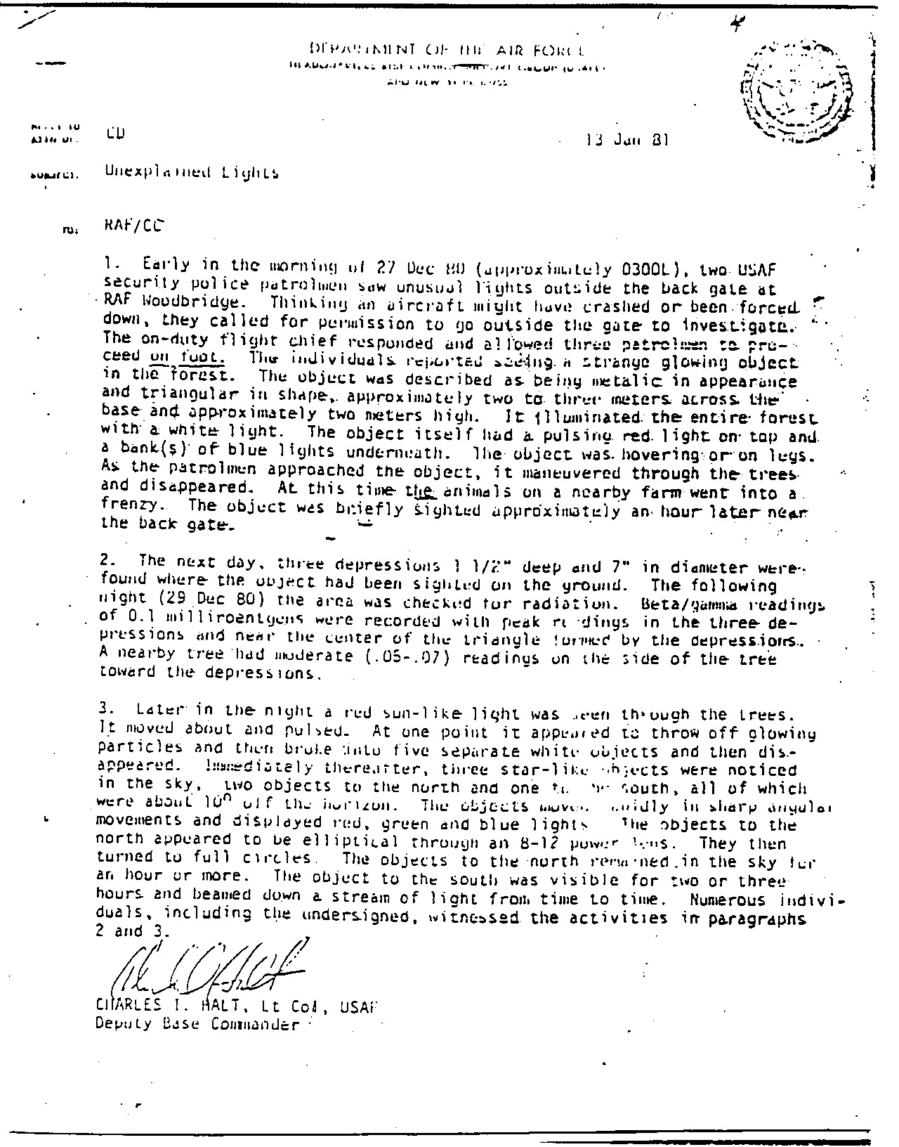 The "Unexplained Lights" memo written by Lt Col Charles I. Halt, Deputy Base Commander, dated 13 January 1981, the central official document of the Rendlesham Forest case. The original is held at The National Archives, Kew; this scan is the FOIA-released copy.