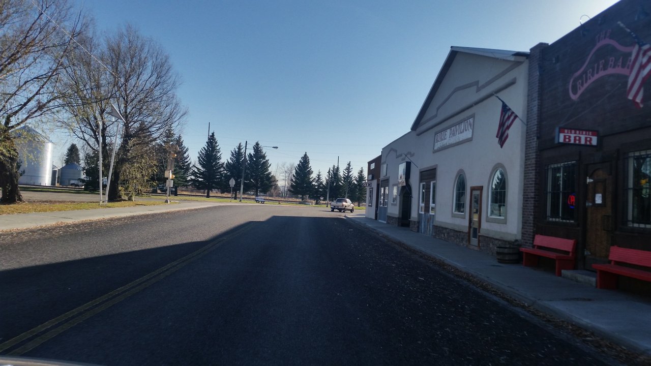 Main Street in Ririe, Idaho, the small farming town on Highway 26 where Guy Tossie and Will Begay reported their occupant encounter on the night of 2 November 1967. This is a real present-day photograph of the town, not a depiction of the event; no verified contemporary photograph or witness sketch of the craft or occupants exists.