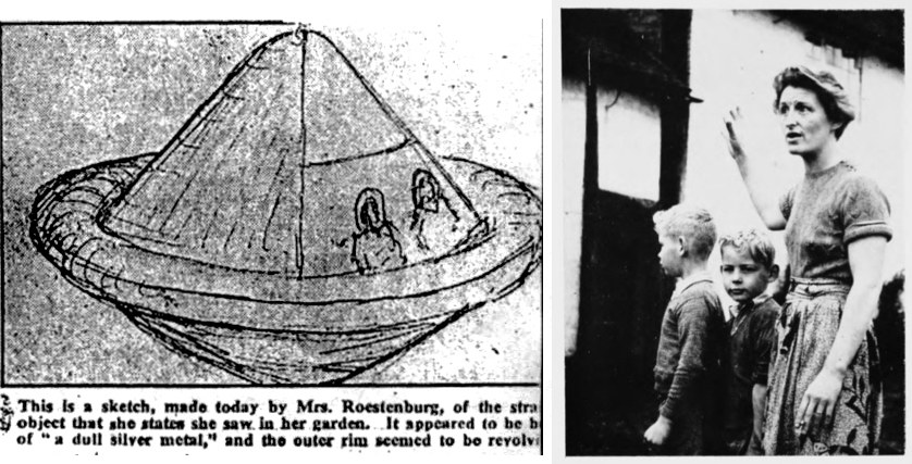 The contemporary press clipping from the Wolverhampton Express and Star of 22 October 1954, the day after the sighting. On the left is Jessie Roestenburg's OWN SKETCH of the object, not a photograph of it: the paper's caption reads "This is a sketch, made today by Mrs. Roestenburg, of the object that she states she saw in her garden. It appeared to be of 'a dull silver metal,' and the outer rim seemed to be revolving." Two small figures are drawn inside the transparent dome. On the right is a real press photograph of Jessie Roestenburg with her sons Anthony and Ronald, pointing to the spot above the cottage where she said the object hovered. No photograph of the object itself exists.