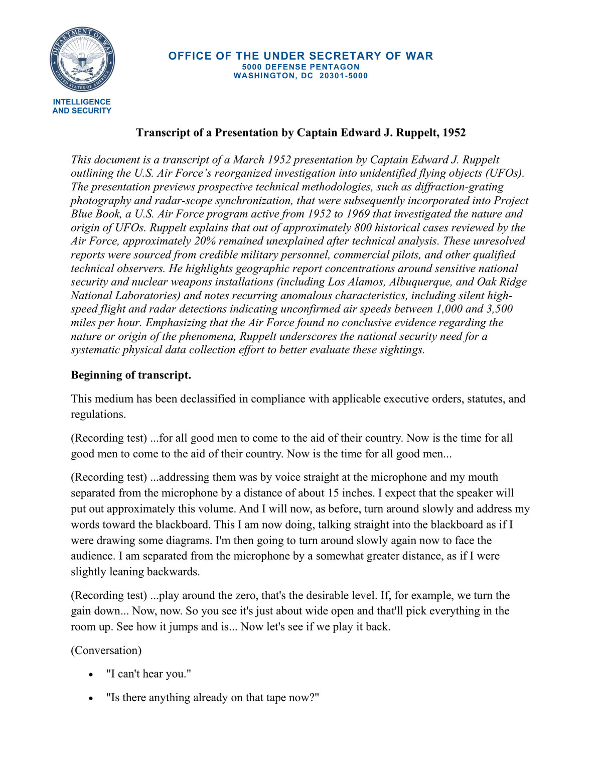 Page one of DOW-UAP-D154, the transcript of Captain Edward J. Ruppelt's March 1952 presentation, released by the Department of War on 18 September 2026. Below the Department summary the transcript begins not with the talk but with the sound engineer setting levels, the test line "Now is the time for all good men to come to the aid of their country", and a speaker describing his distance from the microphone. That opening is the clearest internal evidence that the record is an audio recording rather than film.