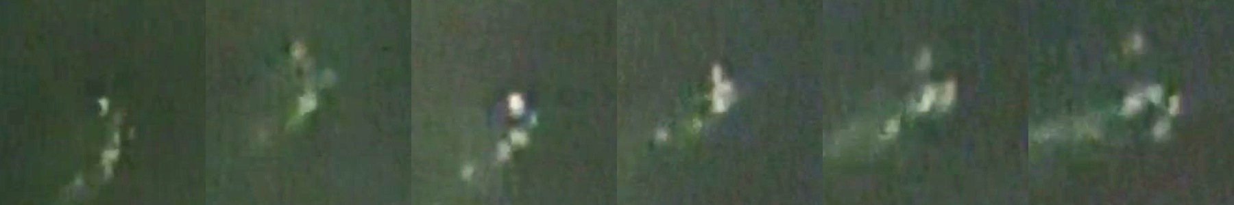 Six consecutive samples from the clip, each cropped around the brightest point in that frame and brightened by a fixed factor. The filing records one object. What the footage carries is a loose group of separate points with dark gaps between them, and their arrangement relative to one another changes in every panel, spreading, contracting and reordering. No rigid object behaves this way.