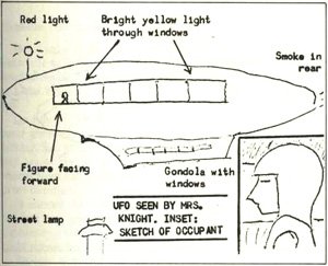 A line drawing of the object as Mrs. Suzanne E. Knight described it: a dull silver, wingless-fuselage shape with a row of lit square windows along the side and a gondola-like undercarriage slung beneath. This is a sketch rendering of the craft based on her account, not a photograph; no photograph of the event exists.