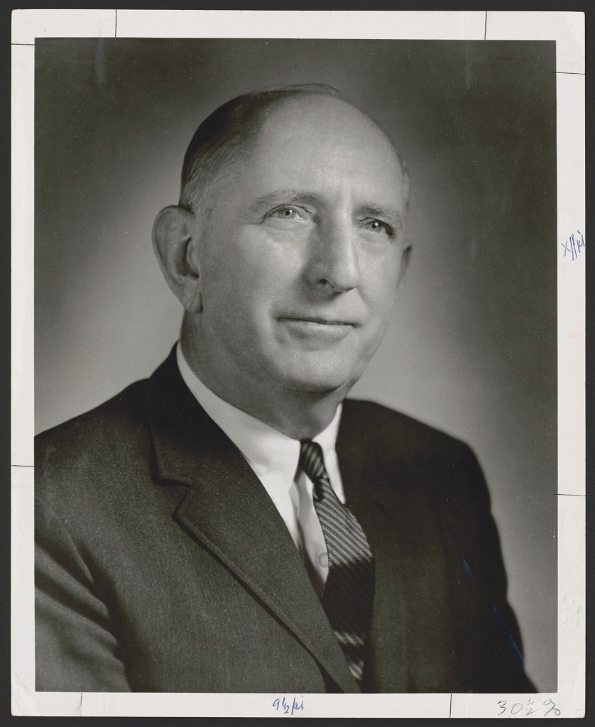 Archival studio portrait of U.S. Senator Richard B. Russell Jr. of Georgia, chairman of the Senate Armed Services Committee and the senior witness in the 4 October 1955 Trans-Caucasus sighting. This is a real photographic print from the Library of Congress Congressional Portrait Collection (crop marks visible at the edges), not a depiction of the objects, which survive only in the witnesses' descriptions and a hand-drawn sketch inside the classified Air Intelligence Information Report.