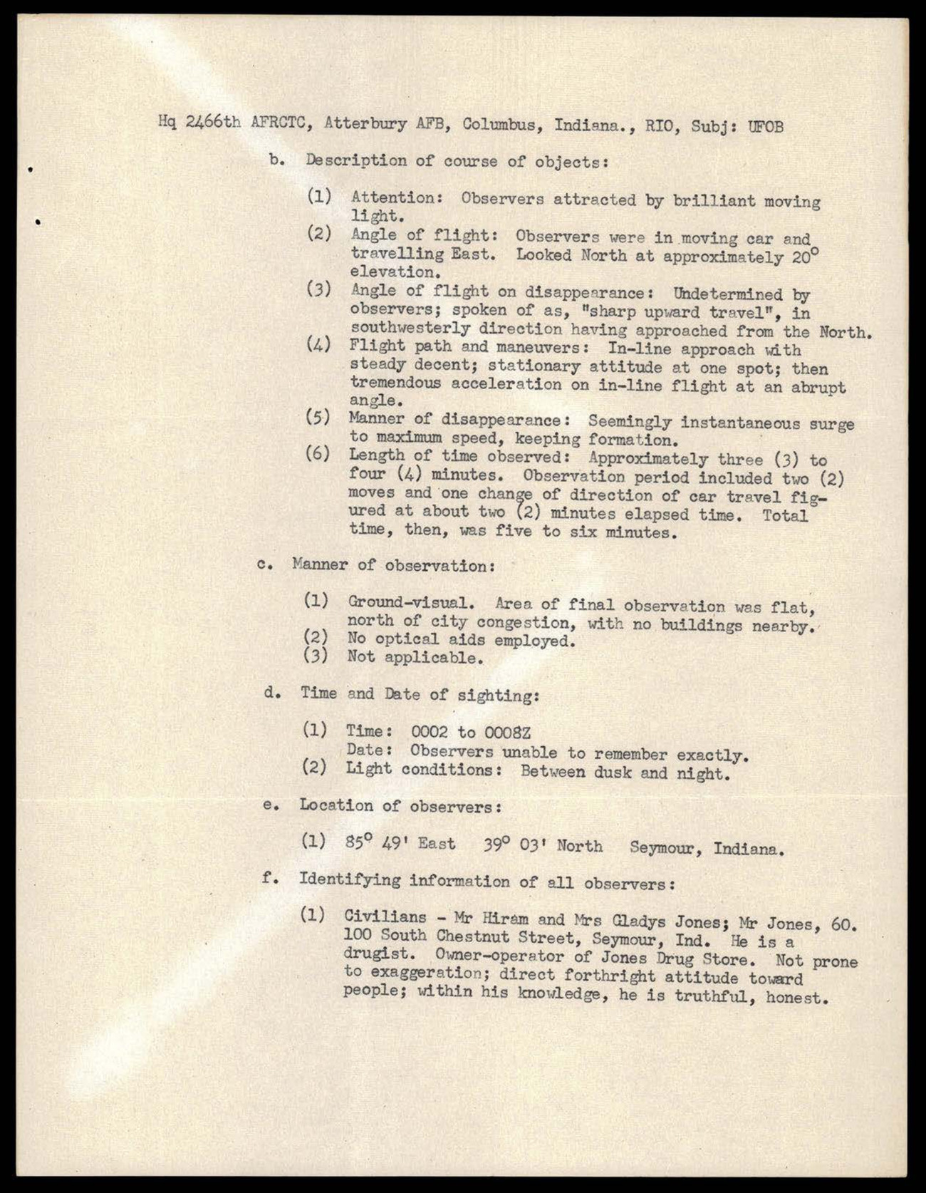 The course and observer pages, recording the hovering phase, the 0002 to 0008Z time, the note that the observers could not remember the date, and the named witnesses at 100 South Chestnut Street, Seymour.