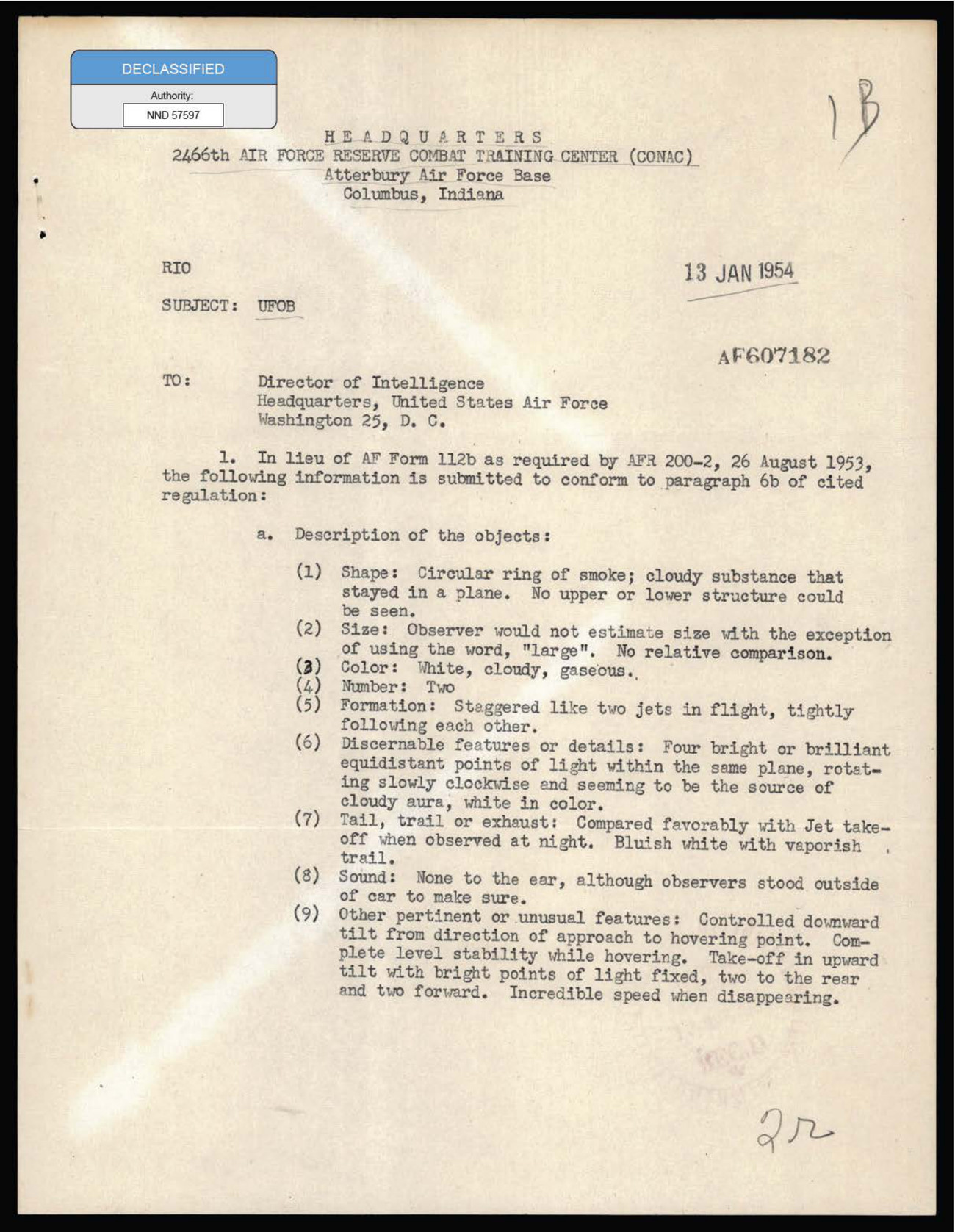 Page one of DOW-UAP-D164, the Flying Object Report filed at Atterbury Air Force Base on 13 January 1954, listing the objects as two large white cloudy masses each carrying four brilliant equidistant points of light rotating slowly clockwise.