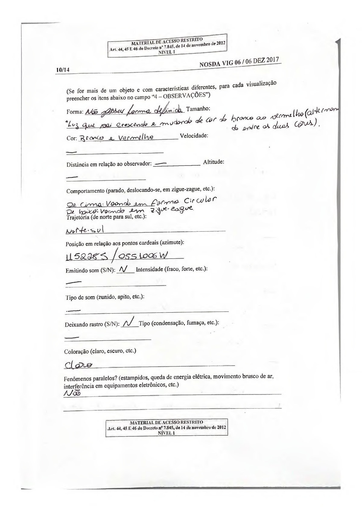 Page two of the primary document itself, rendered from the Arquivo Nacional scan: the object characteristics section of the Comando da Aeronautica Ficha de Controle de Trafego Hotel, dossier BR DFANBSB ARX.0.0.918. The pilot wrote that the object had no defined shape, gave the colour as white and red with a light that grew and alternated between the two, recorded the behaviour as flying in a circular form above and in zigzag below, the trajectory as north to south, and the position as 11 degrees 52 minutes 28.5 seconds south by 55 degrees 10 minutes 06 seconds west. Speed, distance and altitude were all left blank, and sound, trail and parallel phenomena were all marked no.