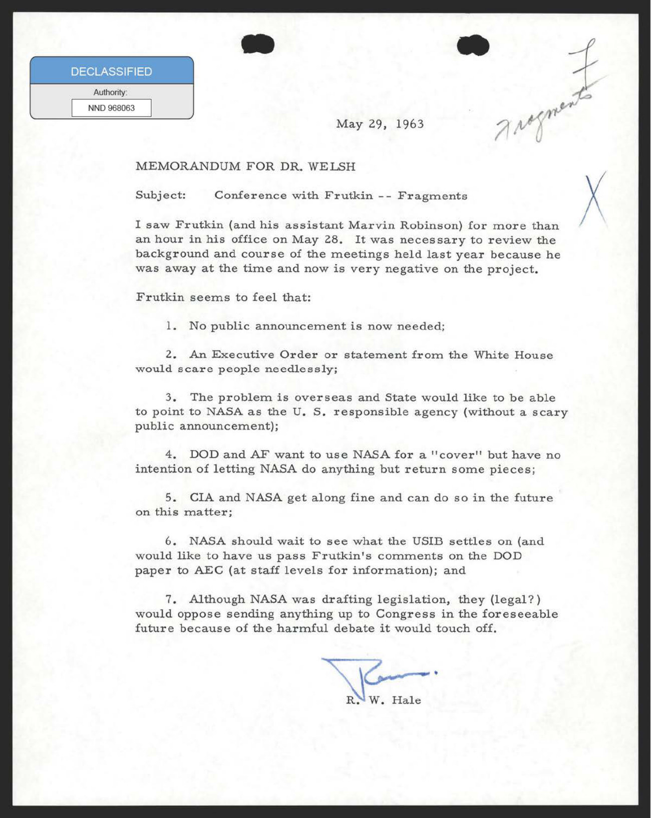 Memorandum for Dr. Welsh, 29 May 1963, reporting a conference with NASA's Arnold Frutkin on the handling of fallen fragments. Point four records that the Department of Defense and the Air Force wanted to use NASA as a cover while intending to let it do nothing but return some pieces.